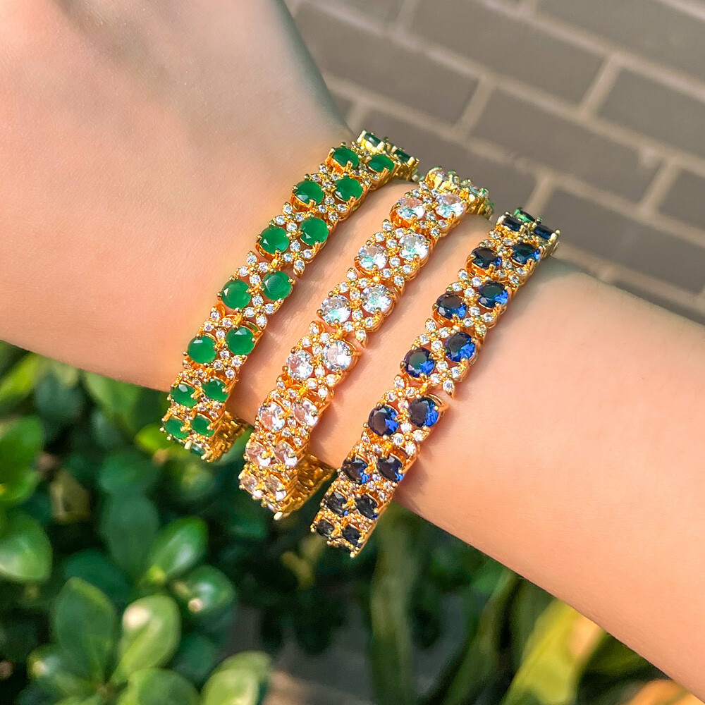 Blue Round Stone Tennis Bracelet Dubai Women Gold Plated Cubic Zirconia Jewelry
