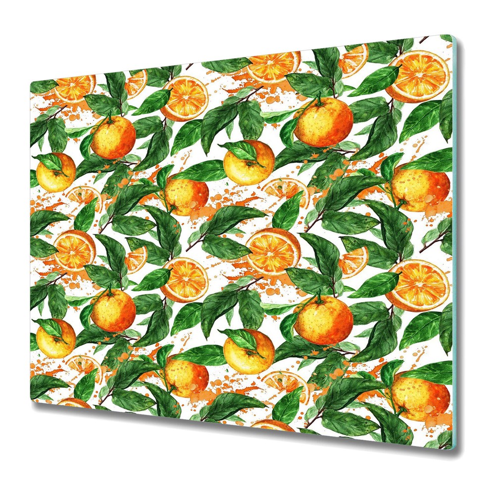 Glass Kitchen Chopping Board Worktop Saver Oranges Leaves Watercolour 60x52
