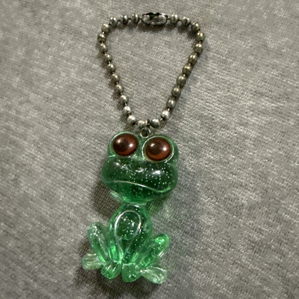 VTG 90s Frog Keychain Glitter Googly Eye Lucite Translucent Ball Chain Bag Charm