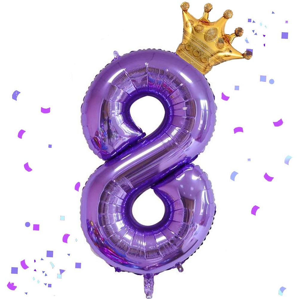 40 Inch Purple Number 8 & Mini Crown Balloon for Birthday Party Decorations, ...