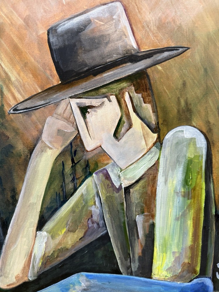 Vintage Oil (?) On Canvas Original Painting Man In A Hat Signed S. Curtis