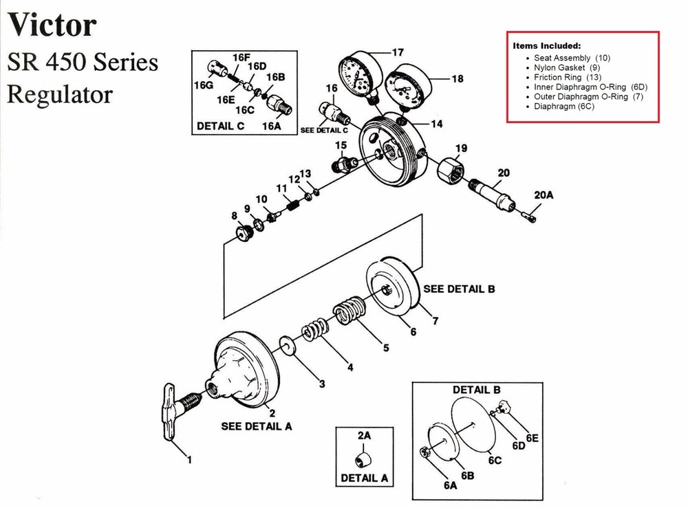 Victor SR450D Oxygen Regulator Rebuild/Repair Parts Kit w/ DIAPHRAGM