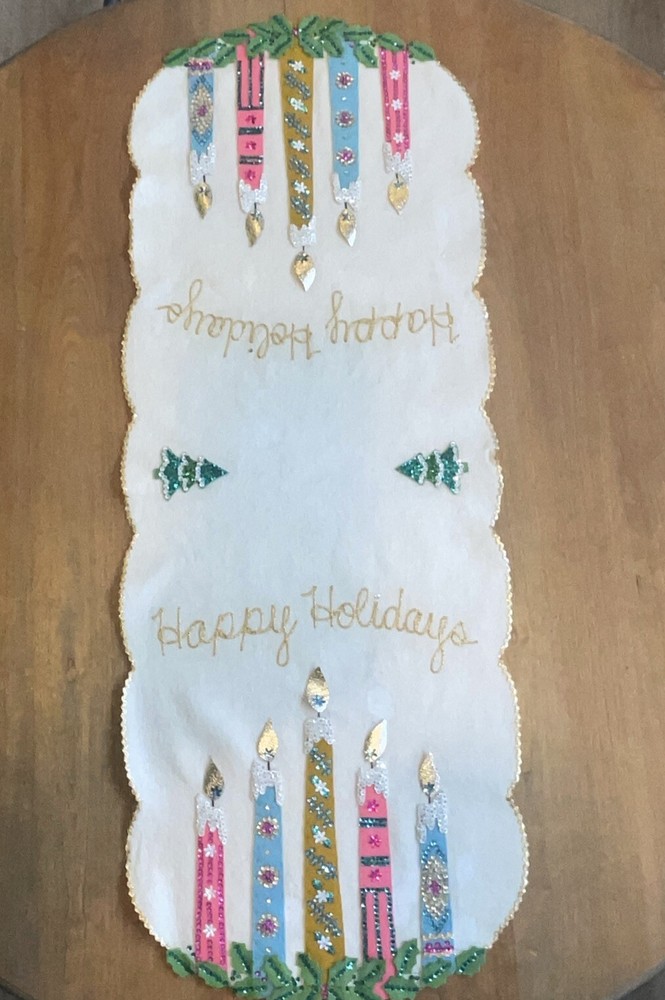 VTG Bucilla Christmas Table Runner Happy Holidays With Candles COMPLETED Sequins