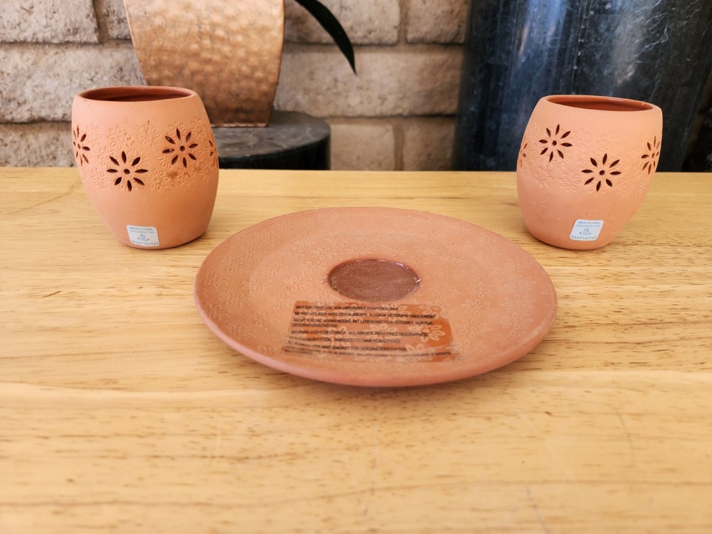 PartyLite TERRACE BLOSSOM Pair of Terra Cotta Tealight Candle Holders