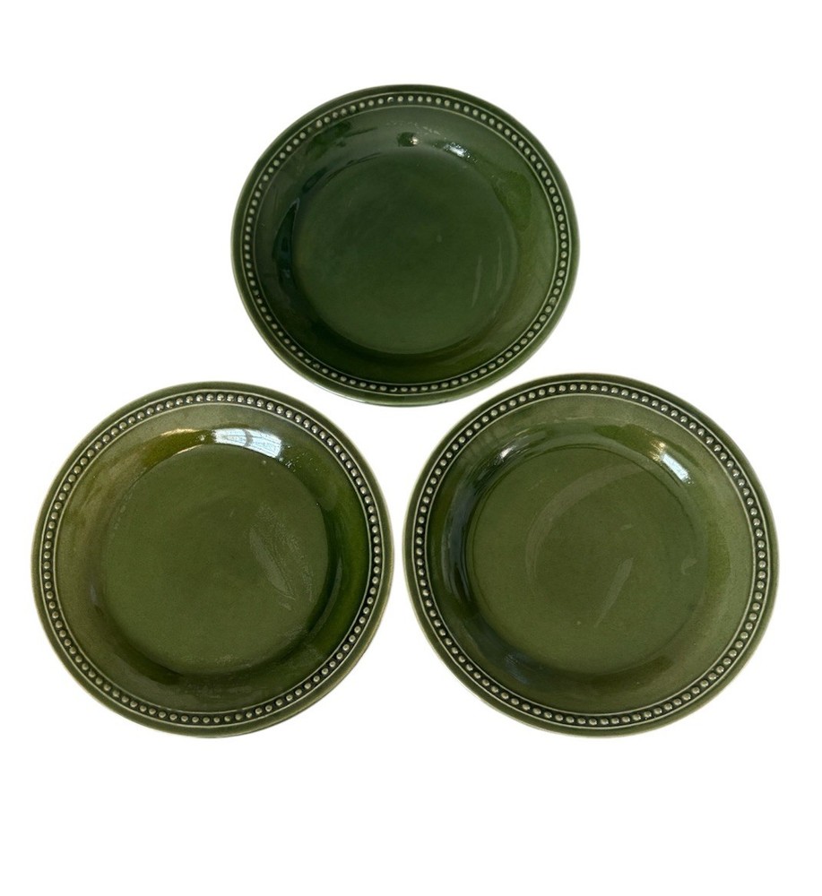 3 Pier 1 Imports Spice Route Clove Salad Plates 8-3/8” Stoneware Green Beaded