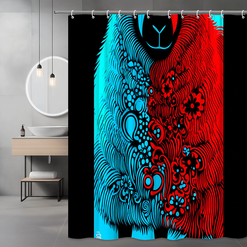 Bear Face Abstract Shower Curtain Black Blue Red Graphic