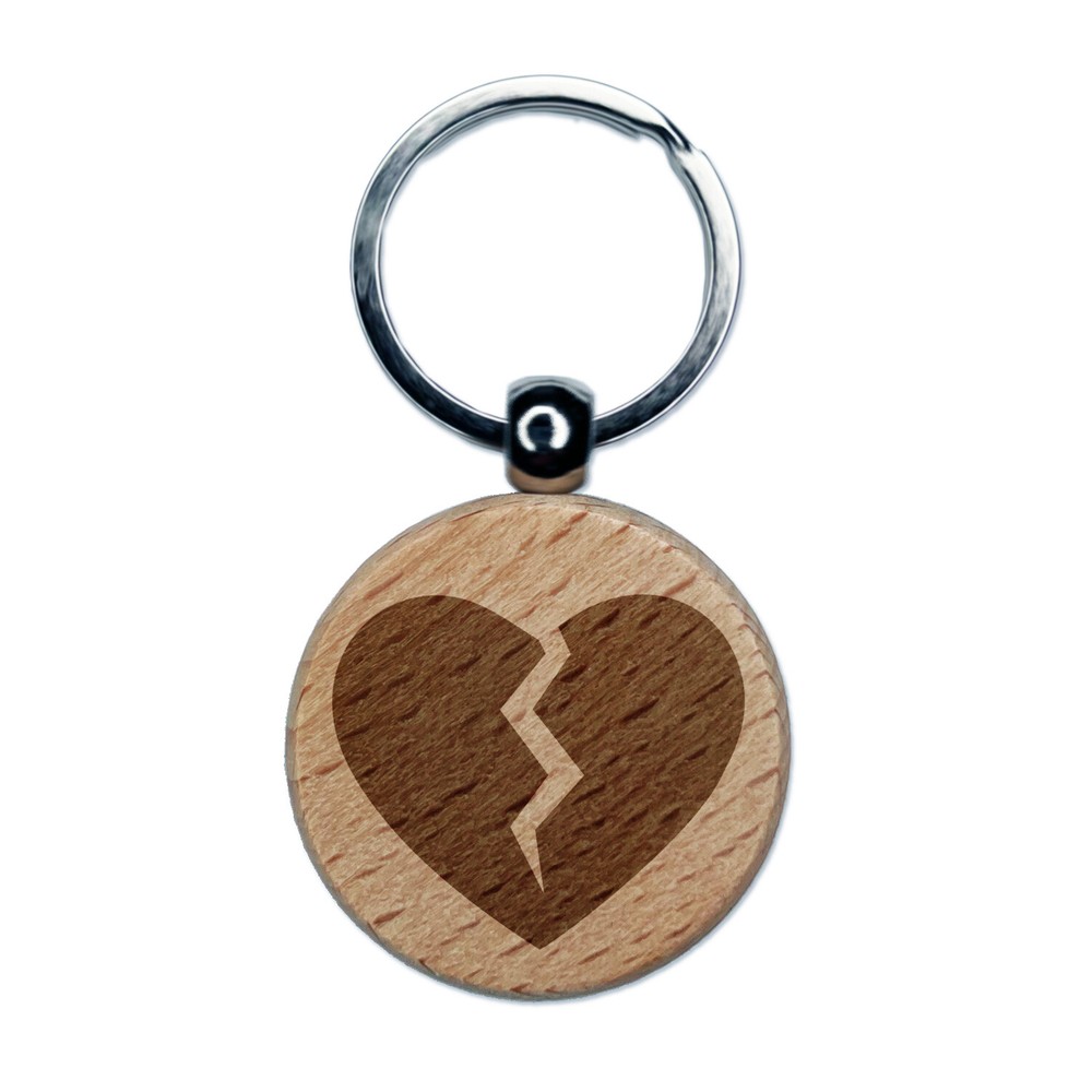 Broken Heart Love Engraved Wood Round Keychain Tag Charm