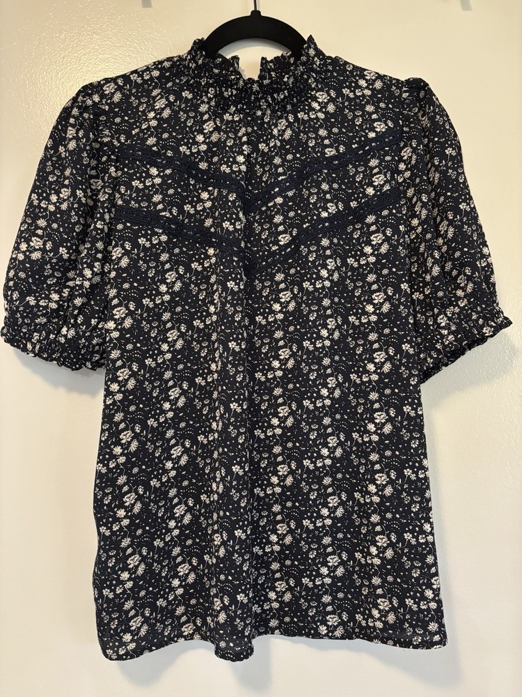 Loft Women’s Navy Floral Mock Neck Puff Sleeve Top, Size S