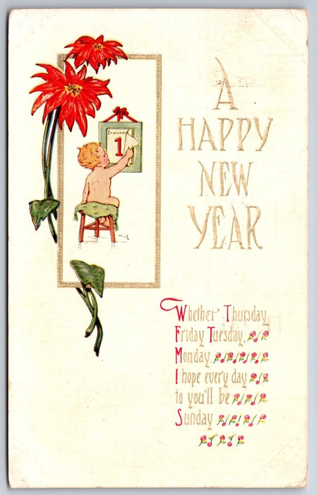 Holiday~Happy New Year~Cherub W/ Calendar & Poinsettias~PM 1922~Vintage Postcard