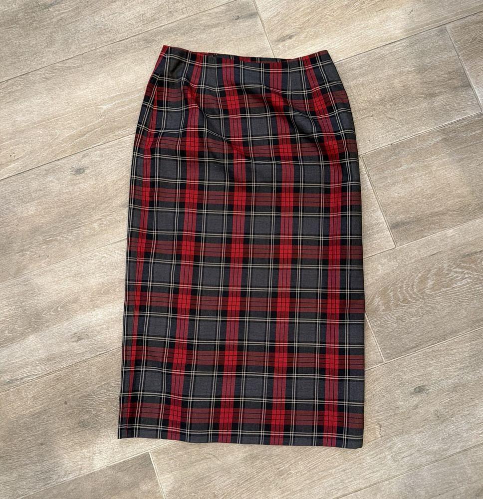Charter Club Women's Red Black Gray Plaid Tweed Midi Skirt Size 14 Lined