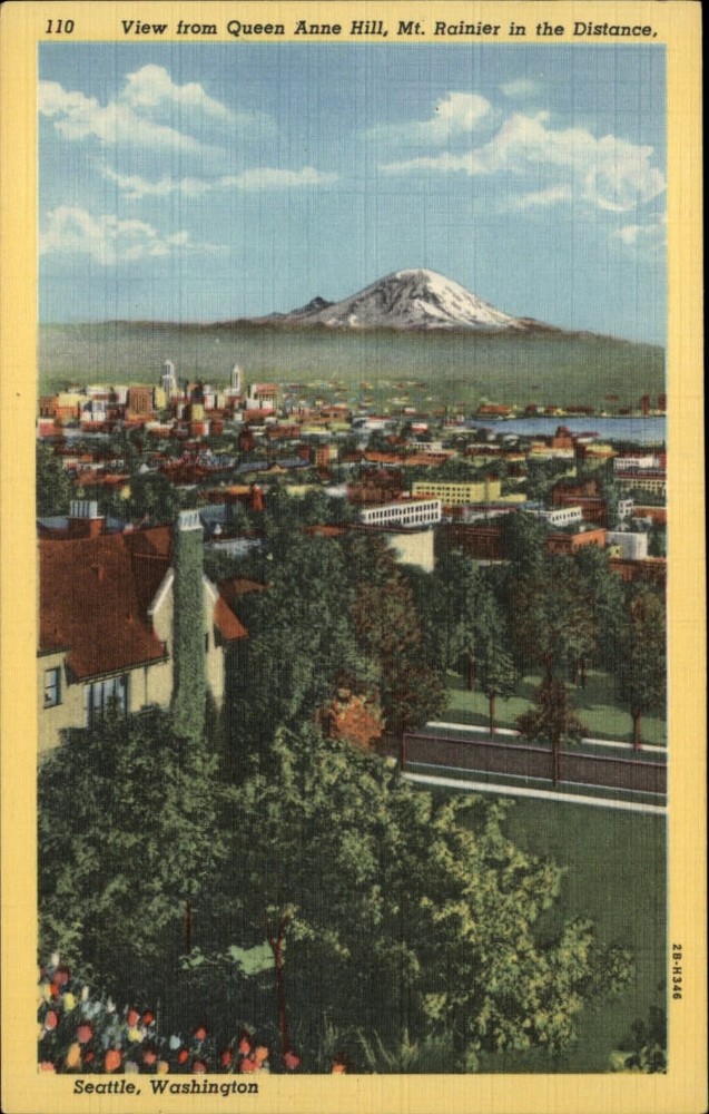 Seattle Washington Mt Rainier snow-capped from Queen Anne Hill linen postcard