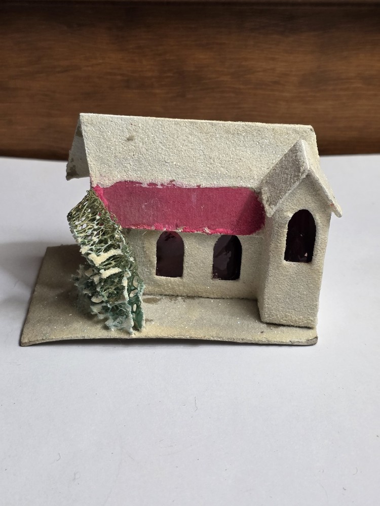 Vintage Japan Putz Mica Cardboard Pnk Roof Christmas Village House Ornament Tree