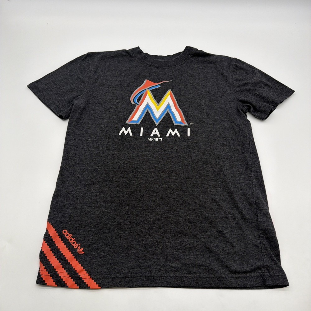 Miami Marlins Adidas T-shirt Boys Size 10/12Y Dark Gray Graphic Print Logo.45665