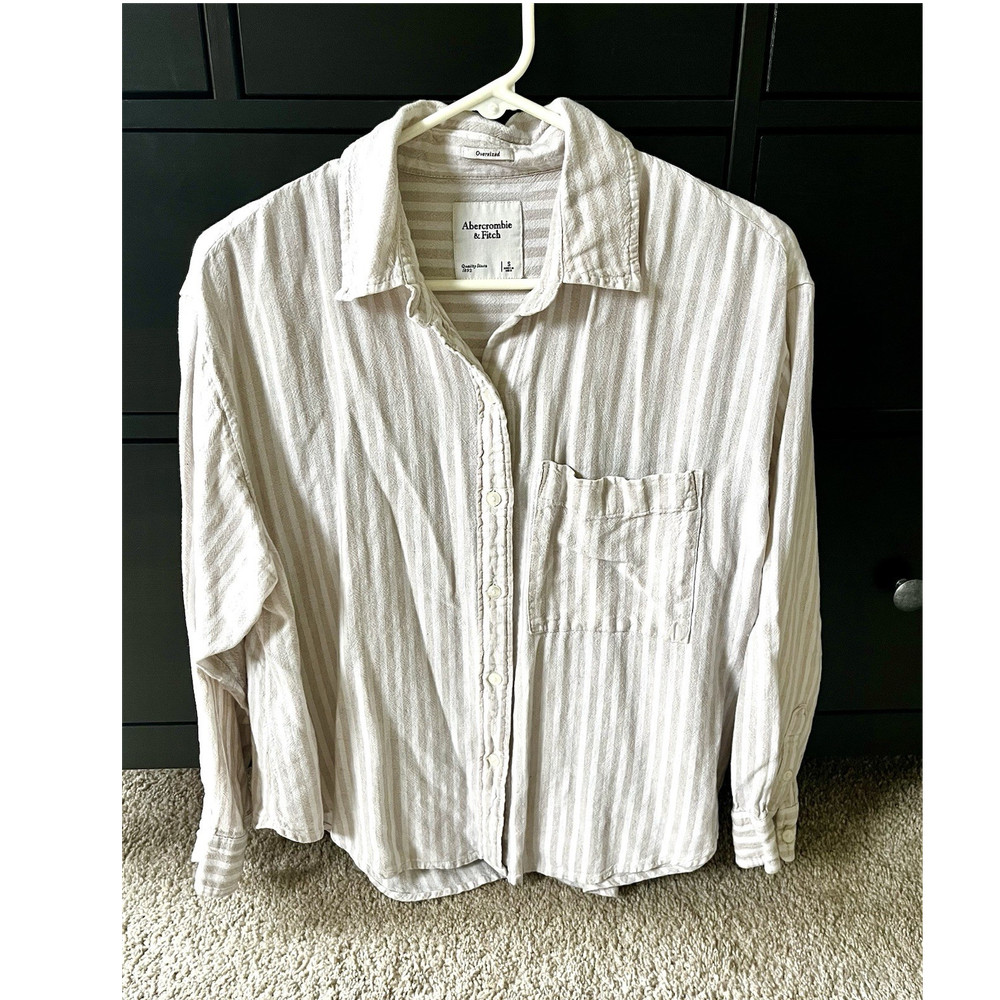 Abercrombie & Fitch Oversized Striped Button-Down Shirt Beige/White Size S