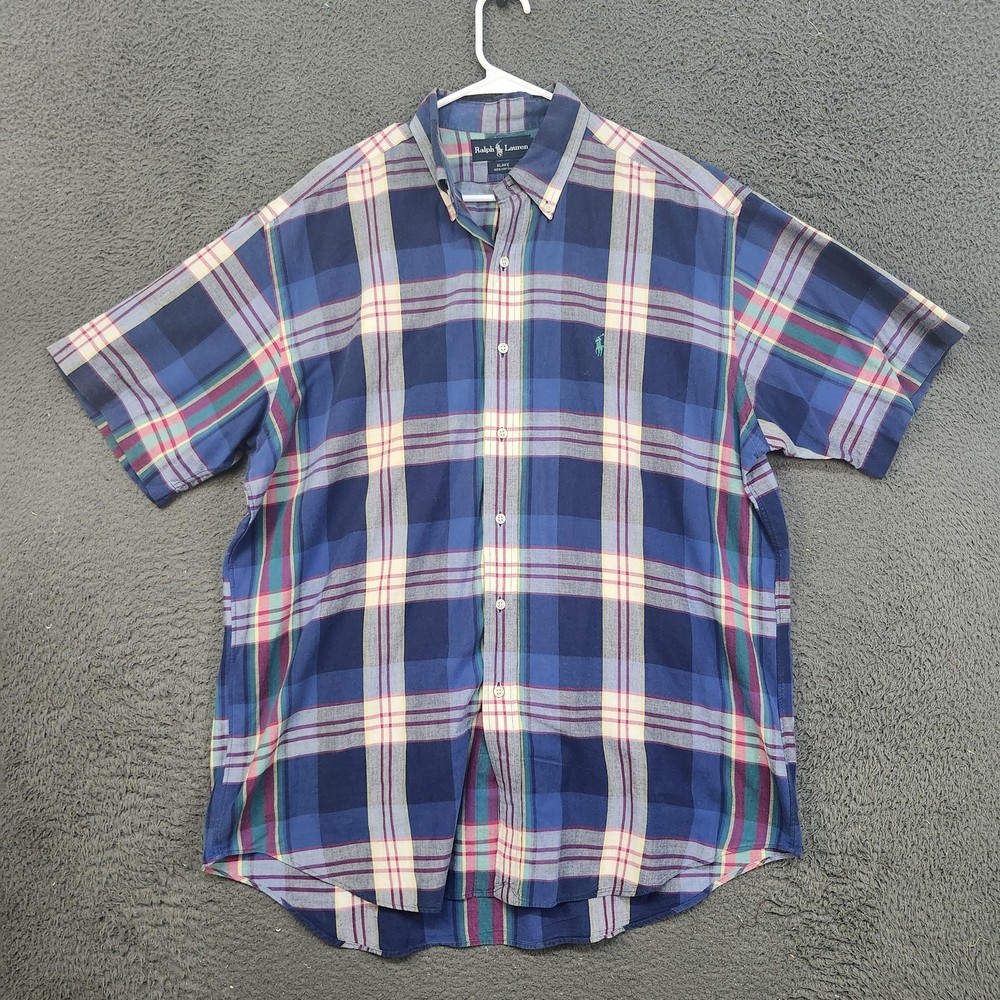 Ralph Lauren Shirt Mens Large Blue Plaid Blake Short Sleeve Button Down