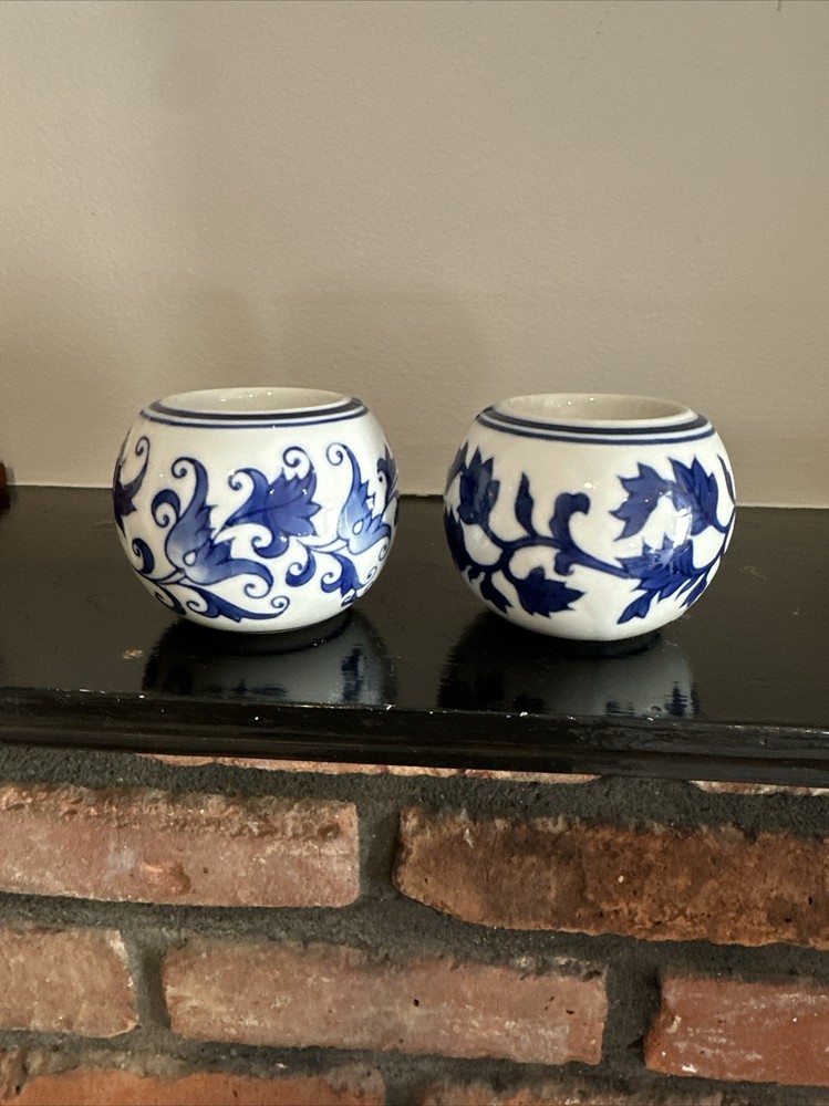 Bombay & Company 2 Votive Candle Holders Blue White Ceramic