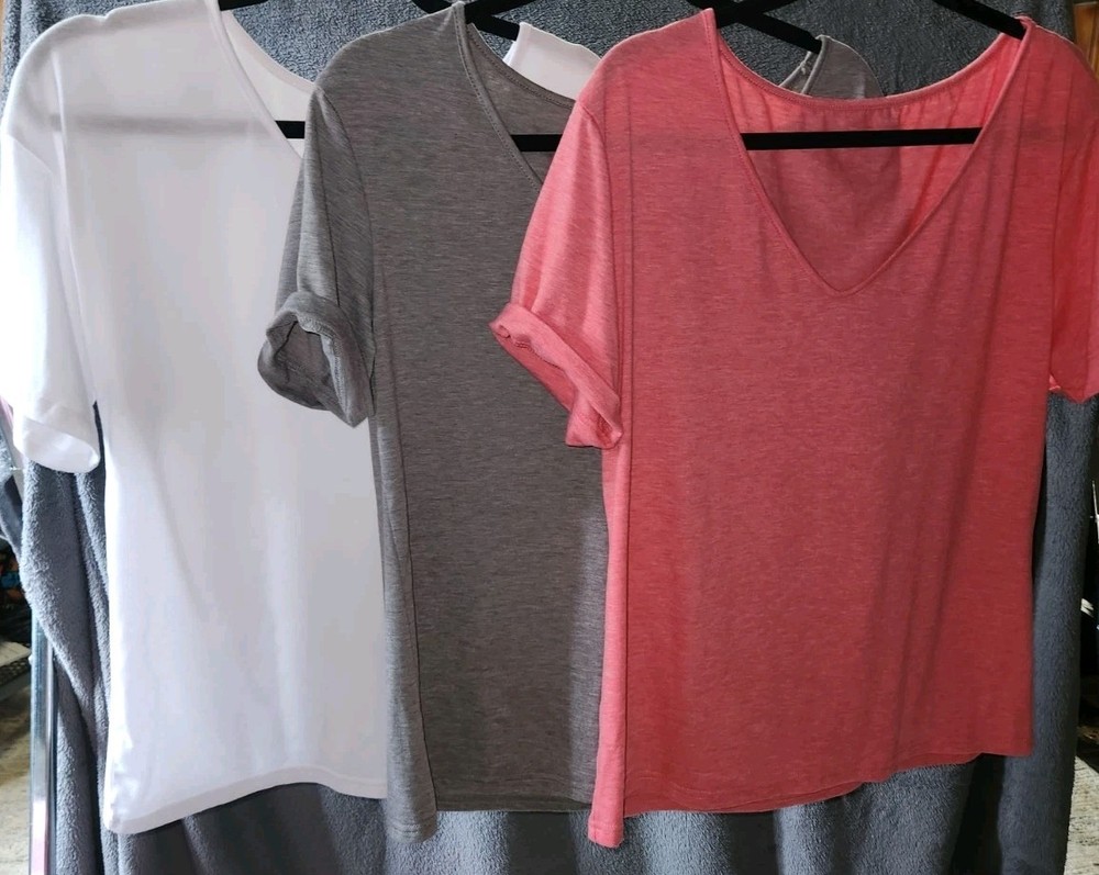 Women’s V-Neck Short Sleeve  T-Shirt, Size L, White, Grey, Pink lot of 3