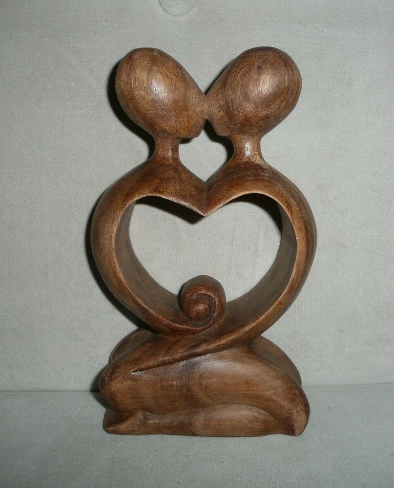 Abstract Art Monkey Wood Sculpture Couple Embracing Circle of Love Home Decor-image