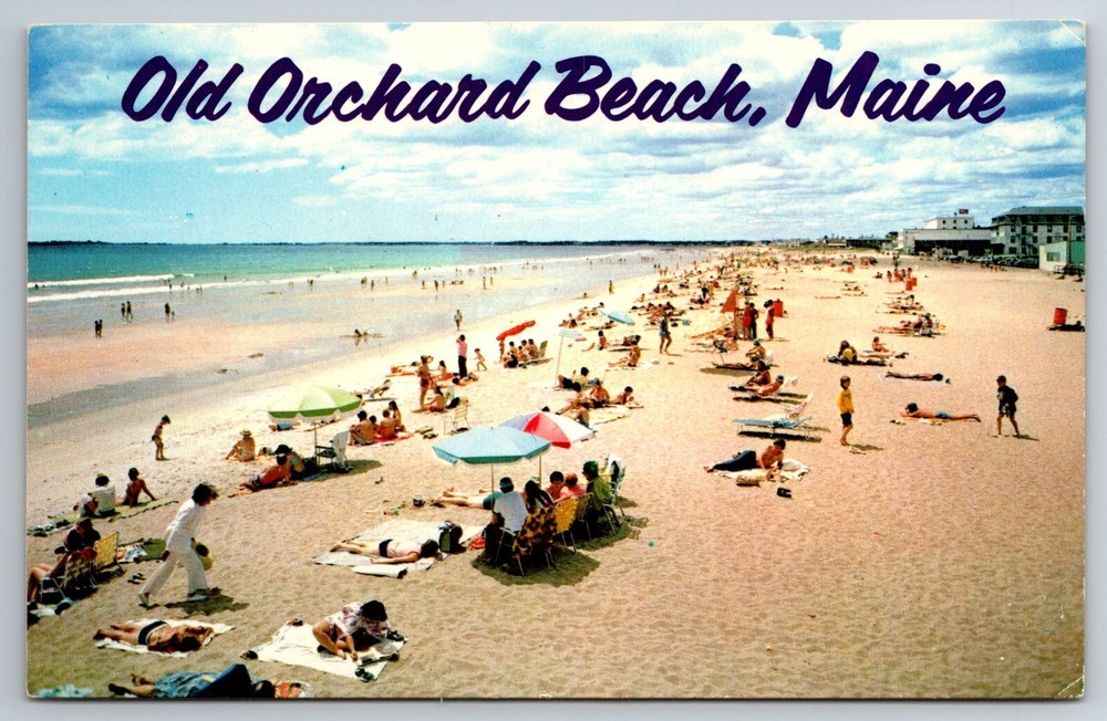 ME, Old Orchard Beach, Sunbathers, Shorelines, Umbrellas, Vintage Postcard