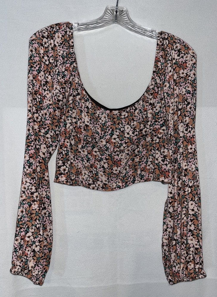 Wild Fable Floral Long Sleeve Crop Top Women's Size M Smocked Balloon Sleeve