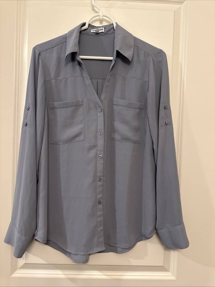 Express The Portofino Shirt Womens M Button Up Tab Sleeve Blouse Gray Career
