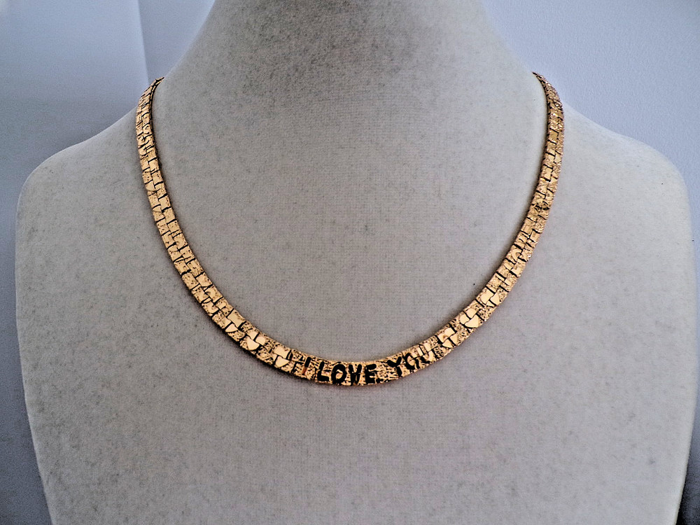 Vintage Hammered Yellow Gold-Plated Necklace 'Love Hearts