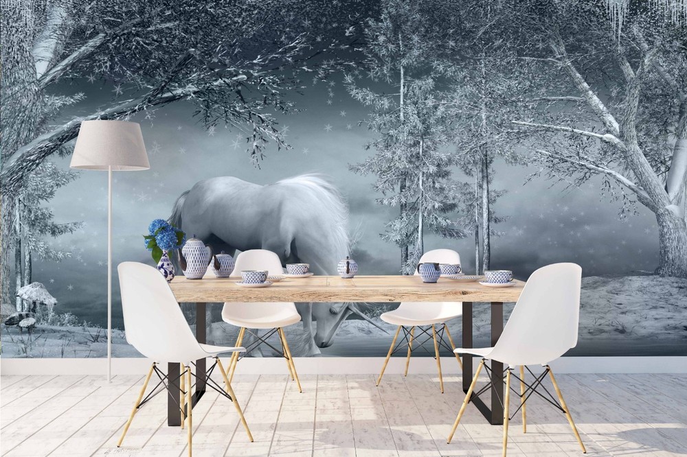 3D Forest Unicorn Winter Illustration Wall Murals Wallpaper Murals Wall Sticker