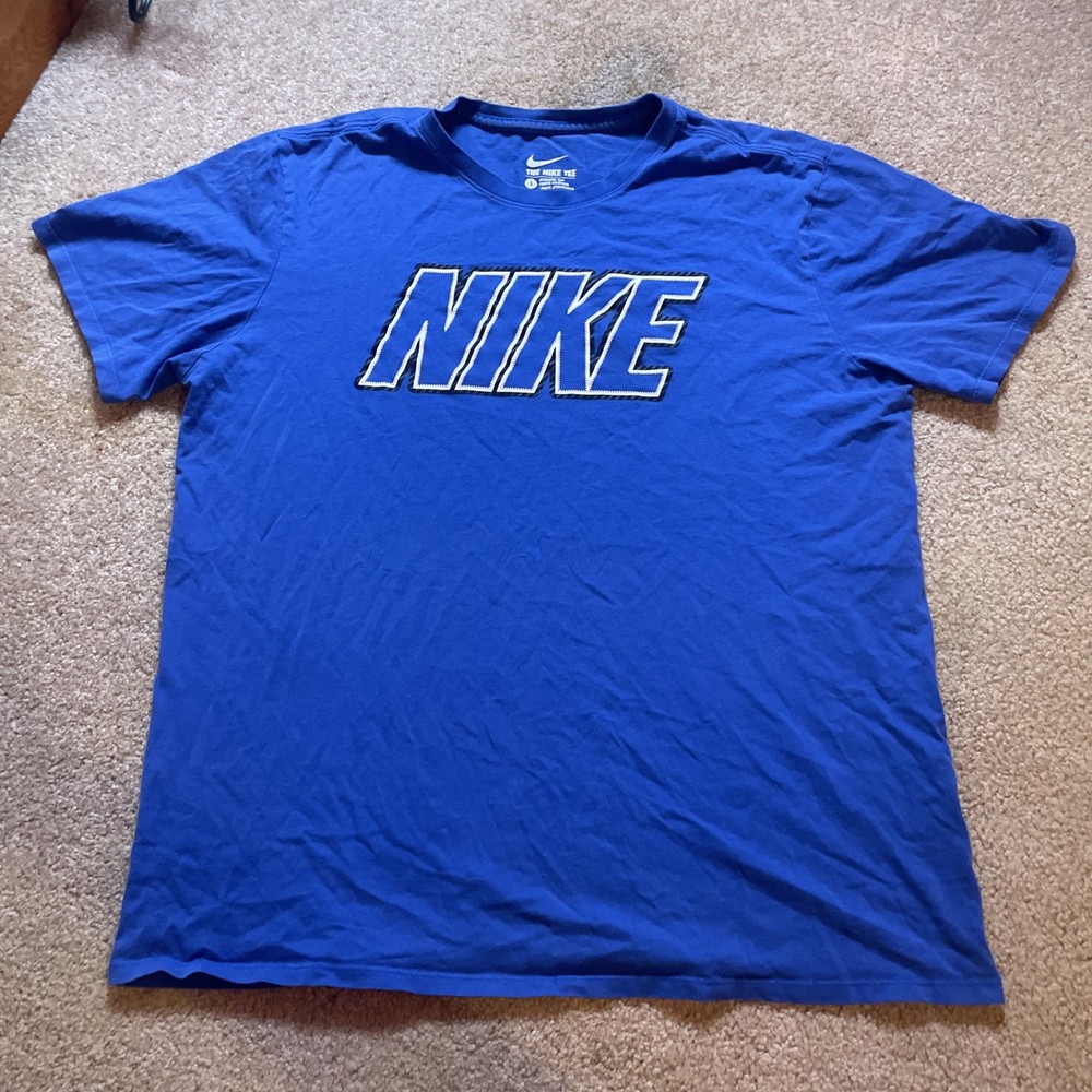 Nike Men T-Shirt Large Blue Logo Spellout Short Sleeve Adult Tee Pullover