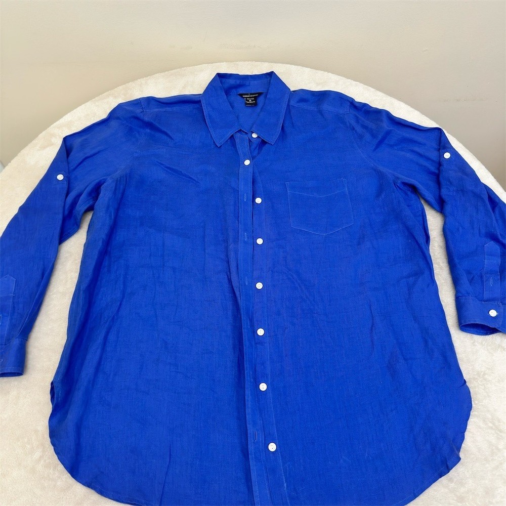 Moda International Button-Up Shirt 100% LINEN Womens XL Cobalt Blue Long Sleeve