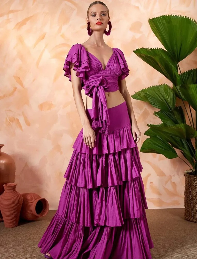 Erika Pena Navy Blue Cotton Voile Tiered Ruffle Maxi Skirt in Size M L