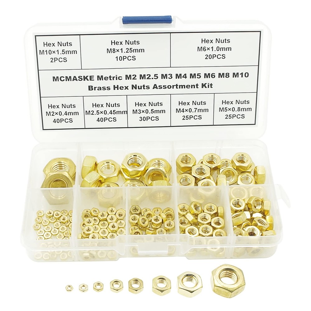 M2 M2.5 M3 M4 M5 M6 M8 M10 Brass Hex Nuts Assortment Kit for Screws and Bolts