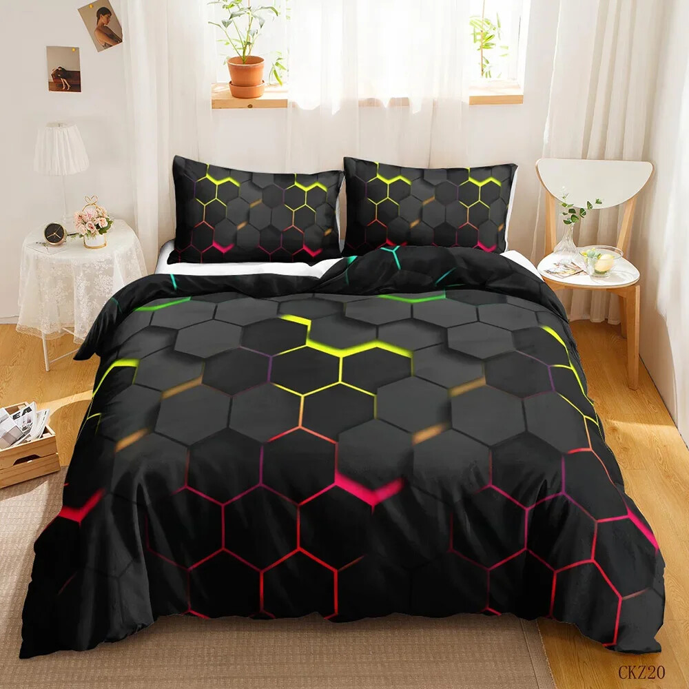 Geometric Duvet Cover Multicolor Honeycomb Hexagon Bedding Set Geometric Theme