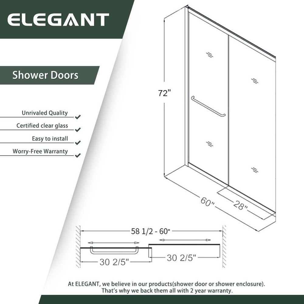 Elegant Double Sliding Shower Door 58.5-60''W x 72'' H Polished Chrome