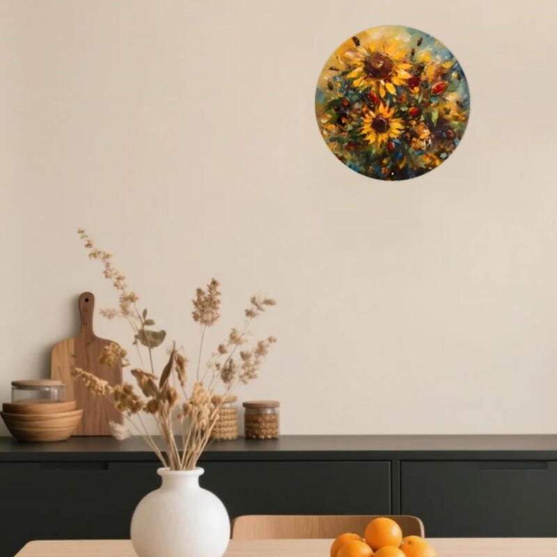 Round aluminum wall art - bees & sunflowers, vibrant 2D flat