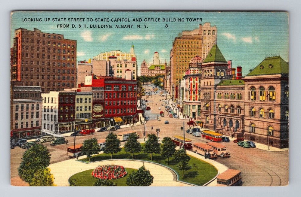 Albany NY-New York, Bird's Eye Looking Up State Street, Antique Vintage Postcard