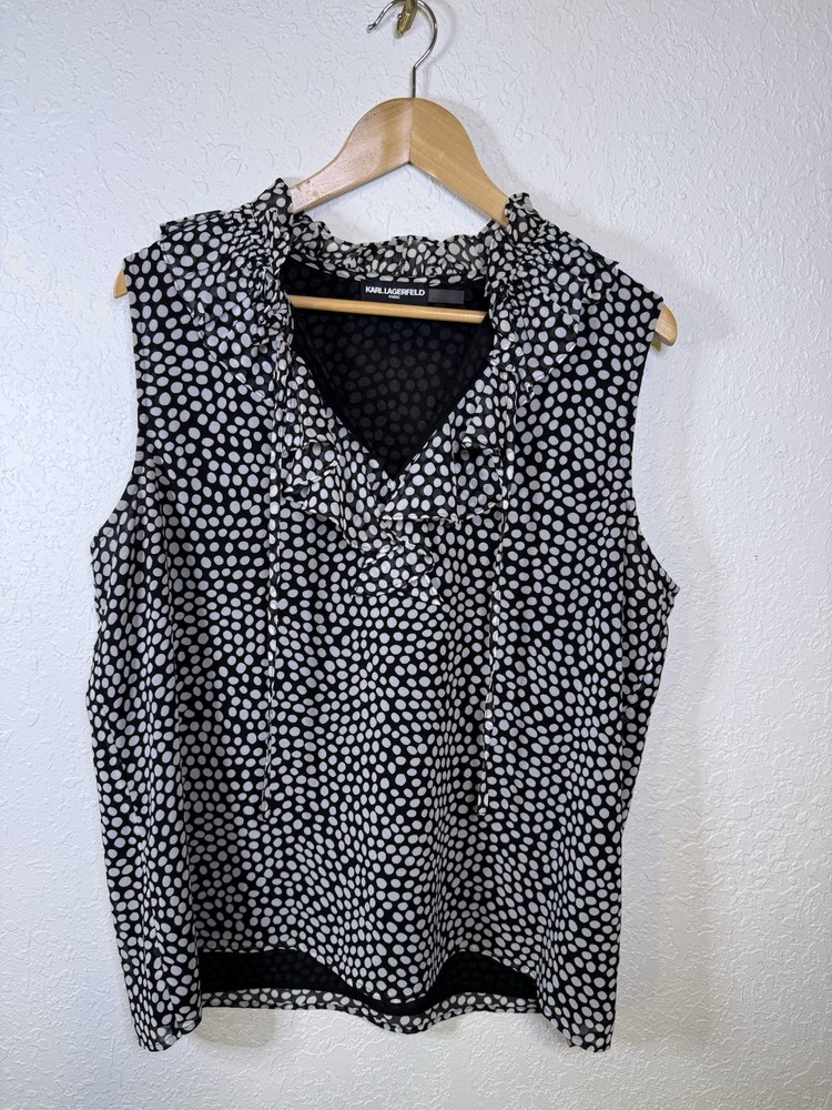 Karl Lagerfeld Blouse Women's XL Sleeveless Polka Dot Ruffle Neck Paris Chic
