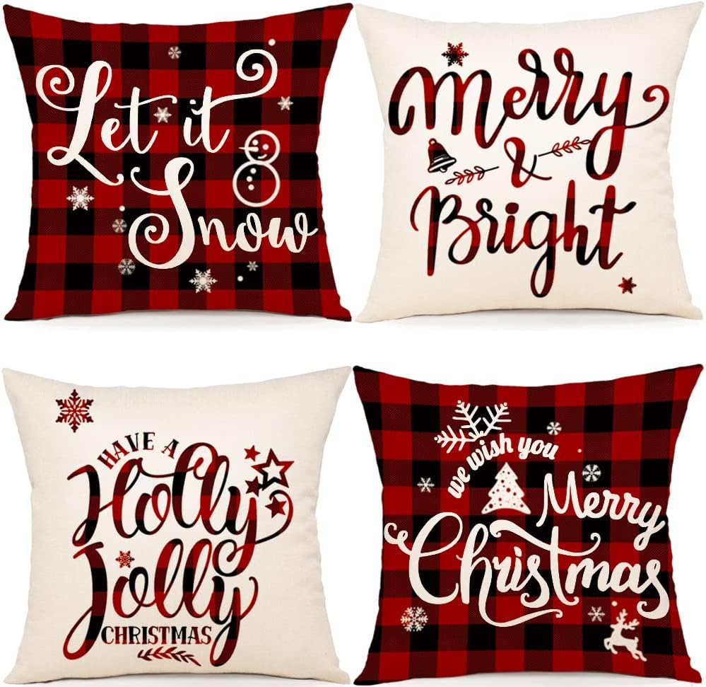 Christmas Pillow Covers 18X18 Set of 4 Farmhouse Christmas Decor Black and Red B