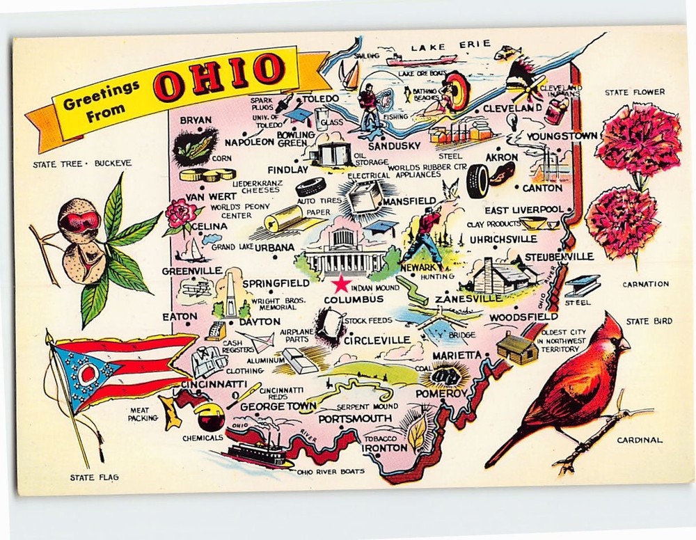 Postcard Map & Attractions Greetings from Ohio USA