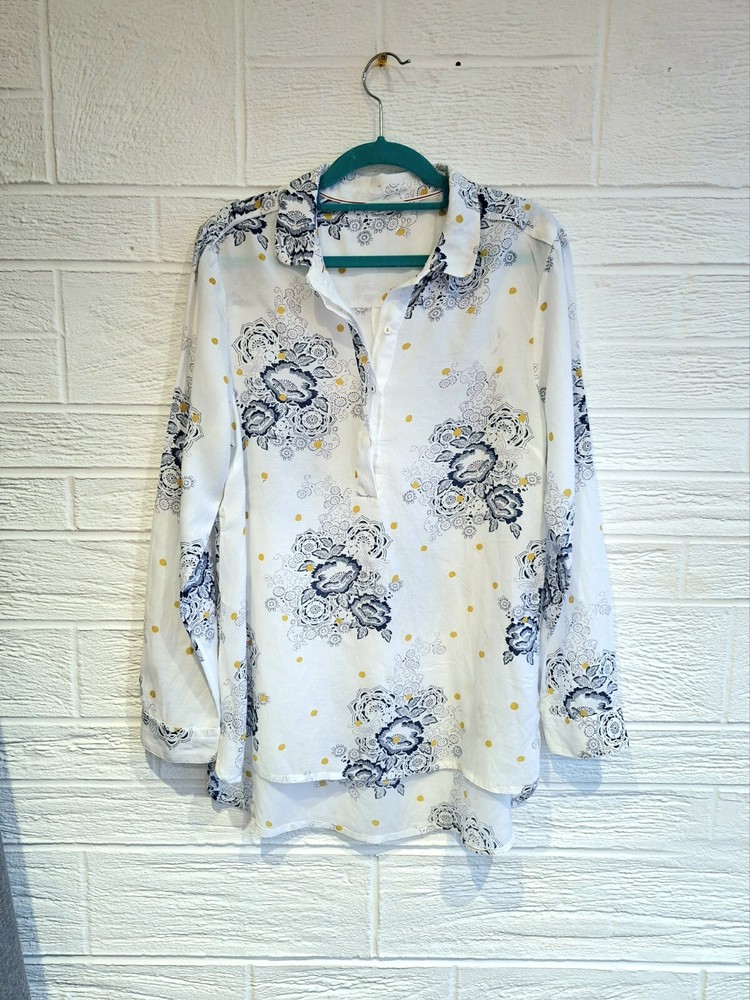 White Stuff Cotton Mix Tunic Overshirt Whitw Blue Gold Spots Sz 12