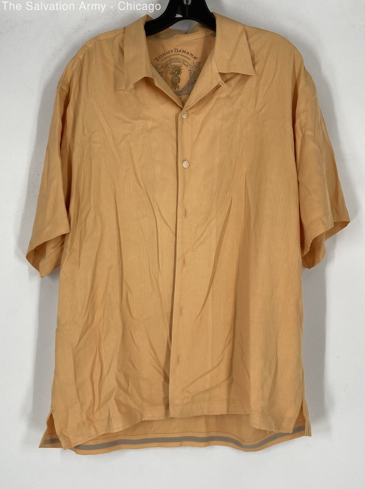 Tommy Bahama Mens Orange Silk Short Sleeve Collared Button-Up Shirt Size L
