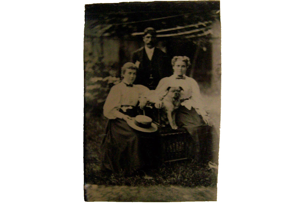 Antique Tintype 2 Women + Favorite Posing Dog Straw Hat Dashing Man Early Photo