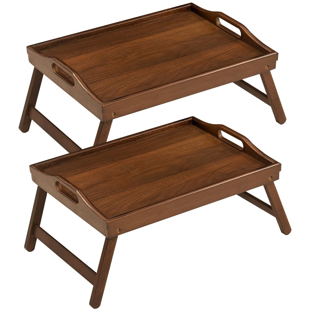 2 Pack Bamboo Bed Tray Table with Foldable Legs for Breakfast Laptop Use