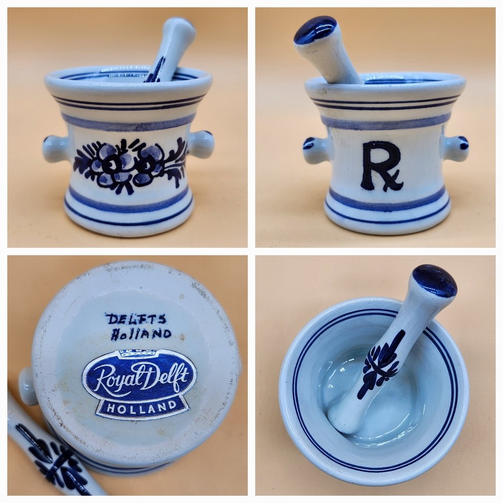 Vintage Royal Delft Holland Rx Mortar Pestle Blue/White Porcelain Pharmaceutical