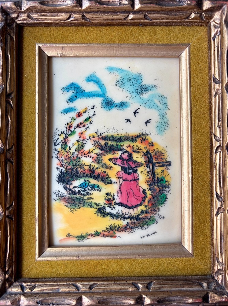 Vintage Bat Shlomo Enamel on Copper Art Little Girl Landscape Signed Framed