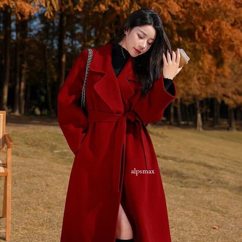 Womens Double Sided Woolen Mid Long Trench Coat Overcoat Loose Fit Autumn Winter