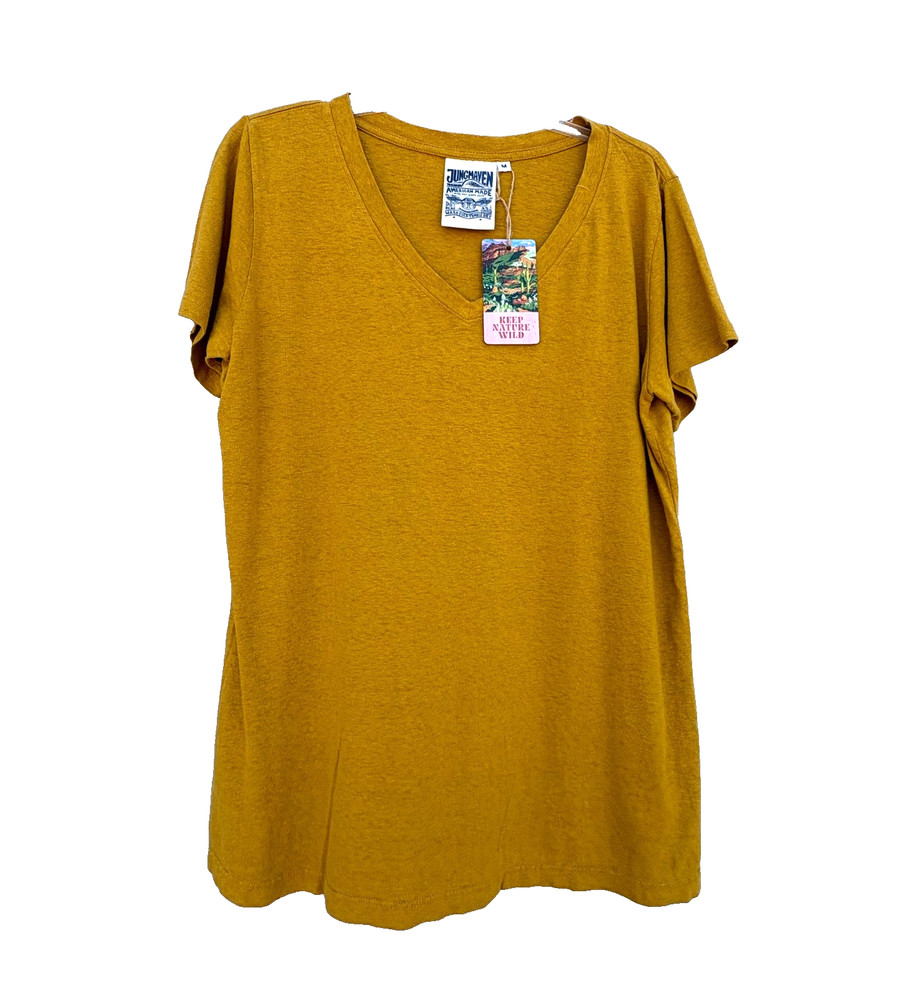 Jungmaven Paige V-neck T-shirt Spicy Mustard Hemp Organic Cotton Medium NWT