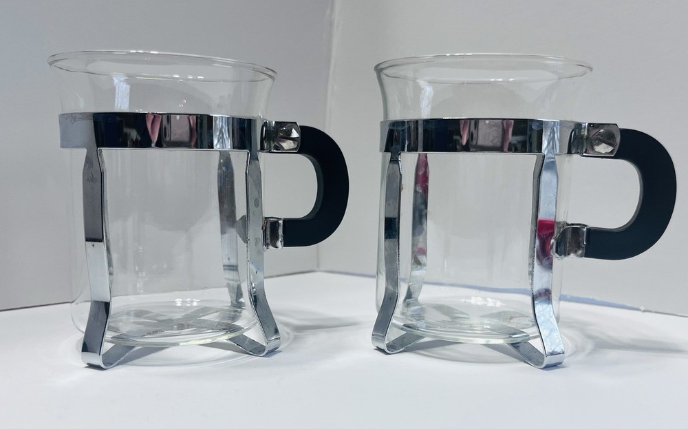 Pair of 2  Vtg BODUM Bistro Chambord Glass Mugs Stainless Steel Black Handles