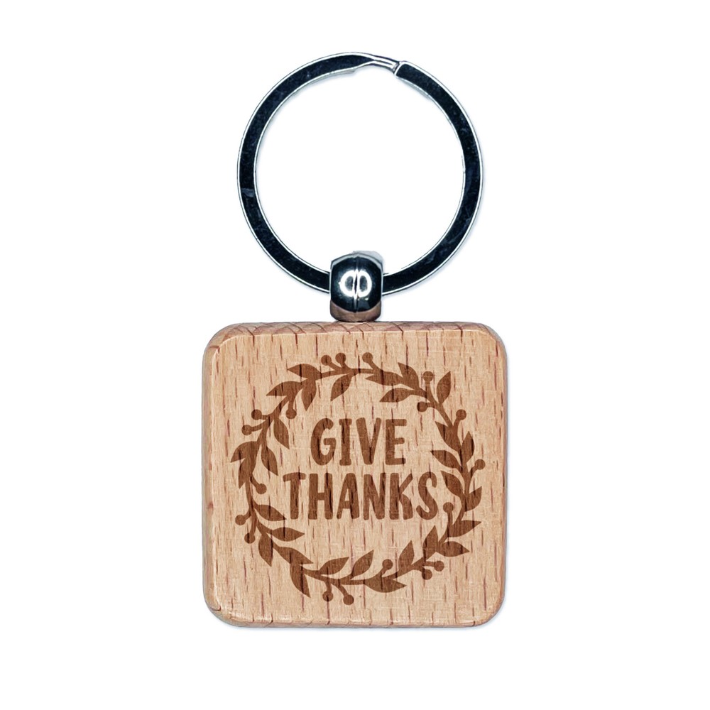Give Thanks Wreath Engraved Wood Square Keychain Tag Charm