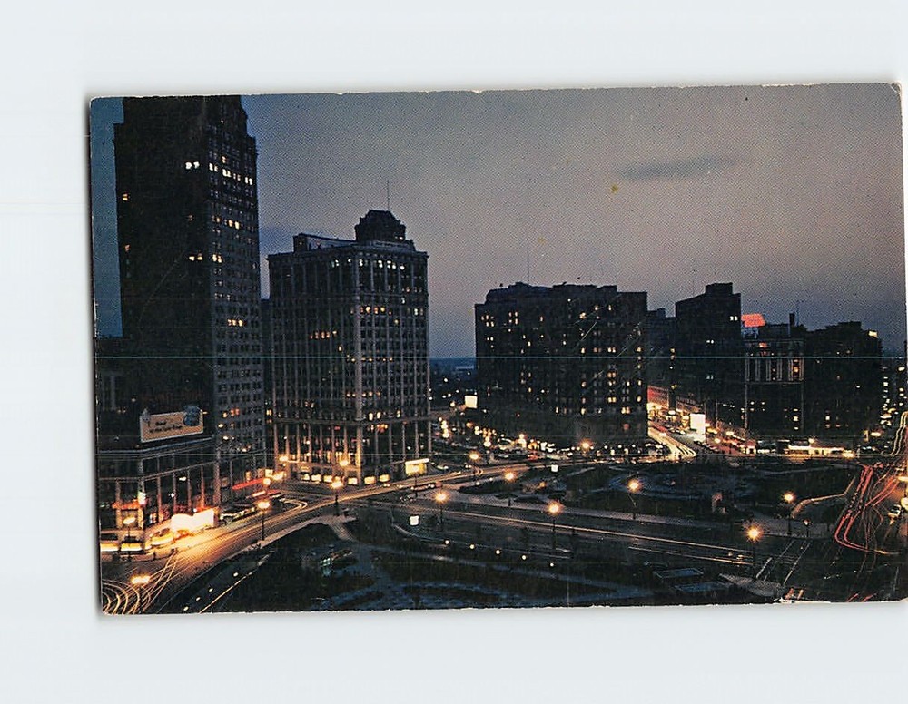 Postcard Night View Looking West from Grand Circus Park Detroit Michigan USA
