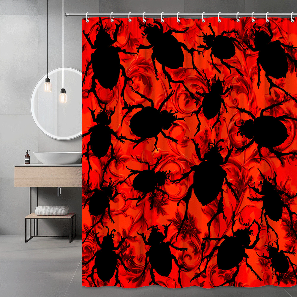 Halloween Beetle Print Shower Curtain Red Black Graphic